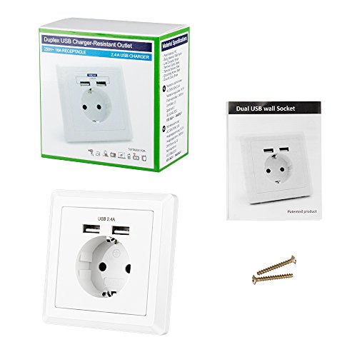 2 X Enchufes de pared, Kaifire Caja de enchufe tipo Schuko con 2 puertos USB 2.4A, se adapta a tomas de corriente estándar, para cargar dispositivos móviles, Smartphone, MP3, Tableta (2 pack)