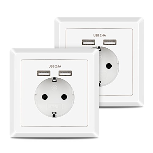 2 X Enchufes de pared, Kaifire Caja de enchufe tipo Schuko con 2 puertos USB 2.4A, se adapta a tomas de corriente estándar, para cargar dispositivos móviles, Smartphone, MP3, Tableta (2 pack)