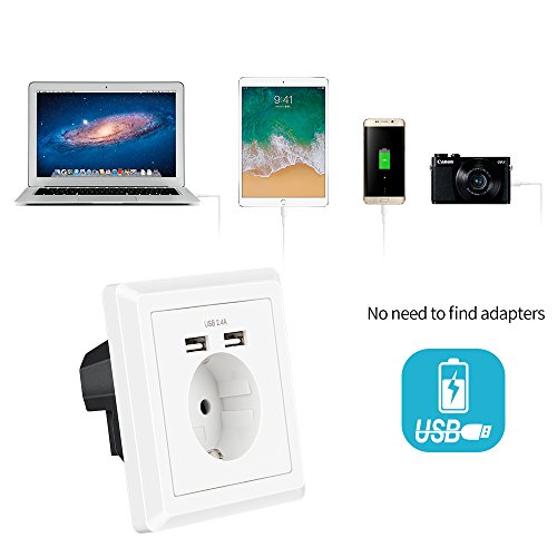 2 X Enchufes de pared, Kaifire Caja de enchufe tipo Schuko con 2 puertos USB 2.4A, se adapta a tomas de corriente estándar, para cargar dispositivos móviles, Smartphone, MP3, Tableta (2 pack)