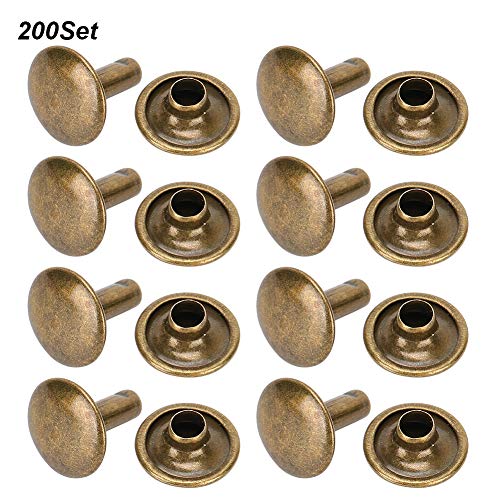 200 juegos de remaches de cuero de remache de doble tapa Espárragos de metal tubulares para reparaciones artesanales de cuero Bolsas Cinturones Sombrero Zapatos Costura Decoración 10x10mm(Bronce)