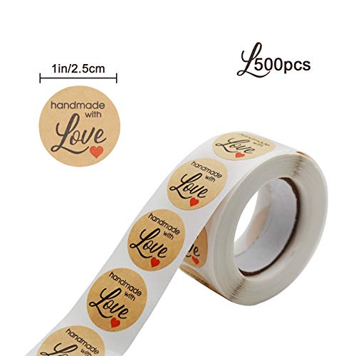 2000 pegatinas redondas hechas a mano con amor para hornear, pegatinas autoadhesivas hechas a mano, etiquetas adhesivas para regalos caseros, 4 rollos, 500 etiquetas por rollo, 4 estilos