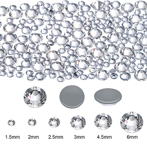 2000 Piezas de Diamantes de Imitación de Espalda Plana de Vidrio Hot Fix Gemas Cristales Redondas 1,5-6 MM (SS4-SS30) en Caja de Almacenamiento con Pinzas y Bolígrafos de Diamantes(Transparente)