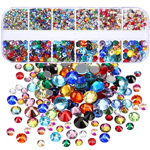 2000 Piezas de Diamantes de Imitación de Espalda Plana de Vidrio Hot Fix Gemas Cristales Redondas 1,5-6 MM (SS4-SS30) en Caja de Almacenamiento con Pinzas y Bolígrafos de Diamantes(Multicolor)