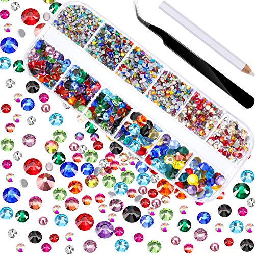 2000 Piezas de Diamantes de Imitación de Espalda Plana de Vidrio Hot Fix Gemas Cristales Redondas 1,5-6 MM (SS4-SS30) en Caja de Almacenamiento con Pinzas y Bolígrafos de Diamantes(Multicolor)