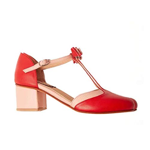 2019 Verano Primavera Zapato De Tacón Ancho, Mujer Bailarinas De Fiesta Sandalias Romanas De Vestir Zapatillas Bombas Zapatos De Talla Grande 35-43 EU(Rojo, 43 EU)