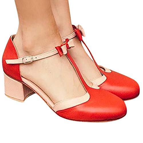 2019 Verano Primavera Zapato De Tacón Ancho, Mujer Bailarinas De Fiesta Sandalias Romanas De Vestir Zapatillas Bombas Zapatos De Talla Grande 35-43 EU(Rojo, 43 EU)