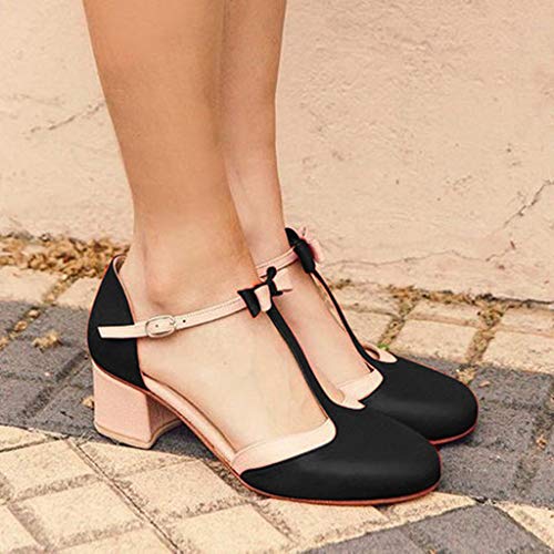 2019 Verano Primavera Zapato De Tacón Ancho, Mujer Bailarinas De Fiesta Sandalias Romanas De Vestir Zapatillas Bombas Zapatos De Talla Grande 35-43 EU(Negro, 38 EU)