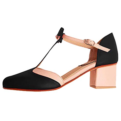 2019 Verano Primavera Zapato De Tacón Ancho, Mujer Bailarinas De Fiesta Sandalias Romanas De Vestir Zapatillas Bombas Zapatos De Talla Grande 35-43 EU(Negro, 38 EU)