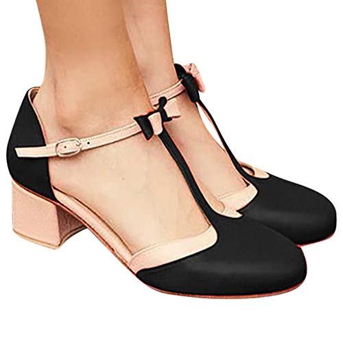 2019 Verano Primavera Zapato De Tacón Ancho, Mujer Bailarinas De Fiesta Sandalias Romanas De Vestir Zapatillas Bombas Zapatos De Talla Grande 35-43 EU(Negro, 38 EU)