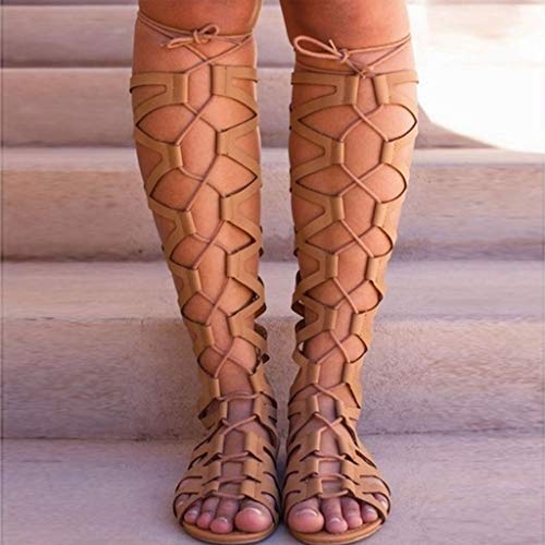 2019 Verano Sandalias Romanas Mujer, Botas De Rodilla Con Cordones Bohemia Zapatos Peep-Toe Zapatillas Planas De Playa Vacaciones Fiesta De Talla Grande(Marron, 43 EU)