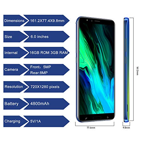 2020 Moviles Libres Baratos 4G, Teléfono Móvil de 6.0’’ Pulgadas 18:9 HD 3GB RAM 16GB ROM/64GB Android 8.1 Quad-Core Smartphone Libres Baratos 4800mAh Batería Dual SIM Dual Cámara 8MP Face ID（Oro）