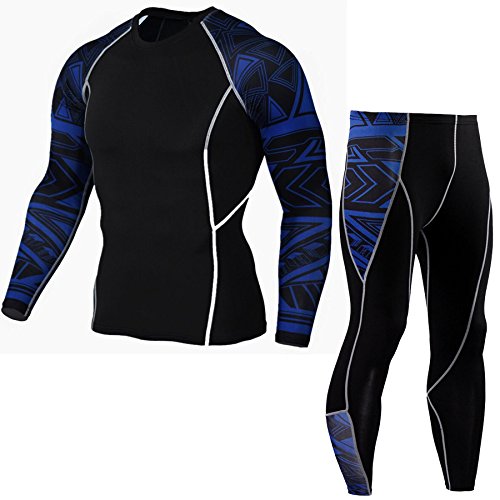 21Grams Conjunto de Compresion para Hombre Secado Rápido Trajes de Entrenamiento Running Camiseta Pantalones Deportes Ropa Deportiva para Correr Gym Fitness (Azul+Negro, S)