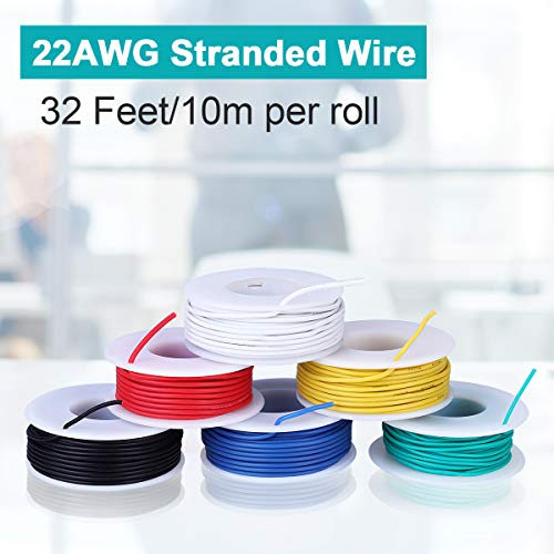 22 AWG Cable Sólido Cable de Cobre Estañado Cable Flexible de Silicona Alambres Eléctrico con 24 pz Tubo Termorretráctil 36 pz Amarre Cable 1pz Mini Pelacables(6 Carretes 10 Metros)