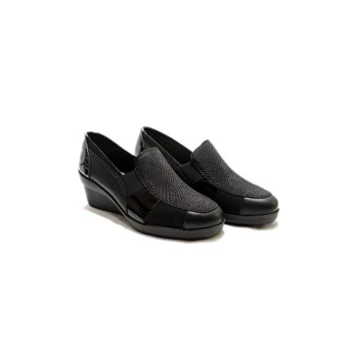 24 Horas 22627 - Zapatos Mocasines de Mujer con Cuña Alta En Piel Negra de Diferentes Texturas y Brillos - 37, Negre