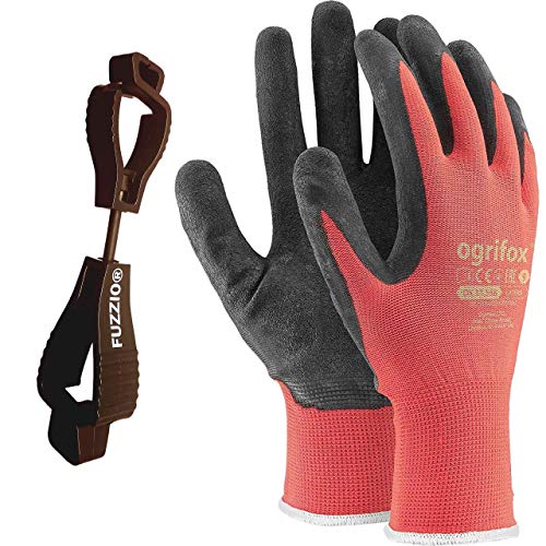 24 pares de guantes de trabajo recubiertos y porta clip para guantes FUZZIO® (L - 9, Rojo)
