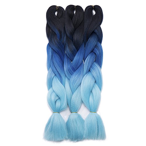 24"(60cm) 3 Piezas Extensiones de Pelo Sintético para Hacer Trenzas Africanas Cabello Se Ve Natural Postizos Kanekalon Braiding Hair (300g,Negro/Azul Oscuro/Azul Claro)