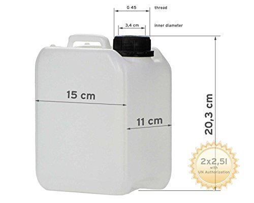 2x Bidón 2,5 l de HDPE, con tapa DIN 45 mm y homologación UN, bidón de agua, apto para alimentos