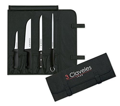 3 Claveles Set Cocina-Cuchillo Carnicero, Deshuesador y Jamonero + Chaira + Maletín Portacuchillos con Capacidad para 6 Piezas