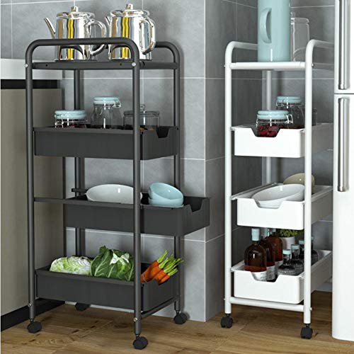 3 Niveles De Cocina Carro De Cocina En Ruedas Plastic Rolling Cart Push-Pull Drawer Storage Rack Para El Hogar Oficina Cocina Cuarto De Baño Salón De Belleza Spa Sirviendo (Color : Blanco)