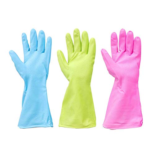 3 pares de limpieza de cocina a prueba de agua Guantes de goma para lavar platos Limpieza de lavandería (tamaño mediano, colores brillantes para los dedos)