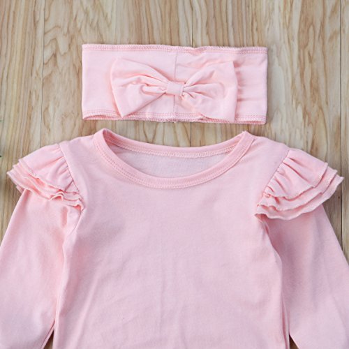 3 Piezas Ropa de Bebé Conjunto Mameluco de Manga Larga Pantalones Largos Diadema Traje para Recién Nacida Mono de Cuerpo para Niñas Pequeñas (Rosa + Flamenco, 6-12 Meses)