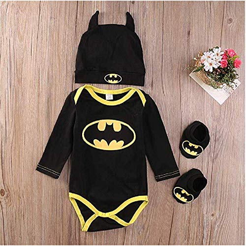 3 Unids Ropa Bebe Verano BEB¨¦S Reci¨¦N Nacidos Bebe Ni?Os Batman Mamelucos Zapatos Trajes De Sombrero Ropa Set BEB¨¦ Fresco Traje De Tela De Batman (Negra B, 100(18-24 Meses))