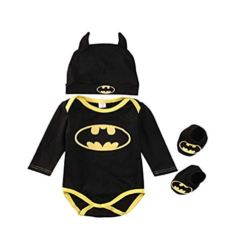 3 Unids Ropa Bebe Verano BEB¨¦S Reci¨¦N Nacidos Bebe Ni?Os Batman Mamelucos Zapatos Trajes De Sombrero Ropa Set BEB¨¦ Fresco Traje De Tela De Batman (Negra B, 100(18-24 Meses))