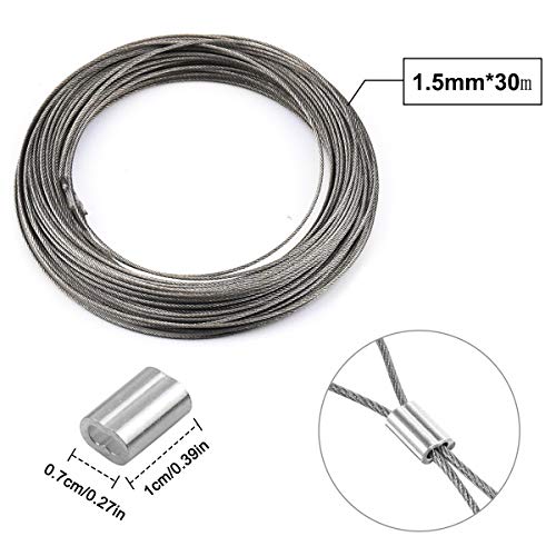 30m x 1.5mm cable de acero cuerda de acero inoxidable, cable de alambre, carrete de alambre, accesorios para caballos, cable de fotos con 20 piezas de manga de engarce de aluminio, admite hasta 150kg