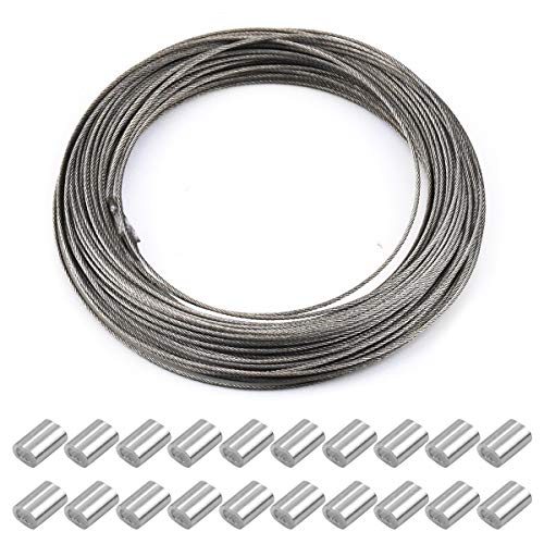 30m x 1.5mm cable de acero cuerda de acero inoxidable, cable de alambre, carrete de alambre, accesorios para caballos, cable de fotos con 20 piezas de manga de engarce de aluminio, admite hasta 150kg