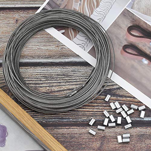 30m x 1.5mm cable de acero cuerda de acero inoxidable, cable de alambre, carrete de alambre, accesorios para caballos, cable de fotos con 20 piezas de manga de engarce de aluminio, admite hasta 150kg