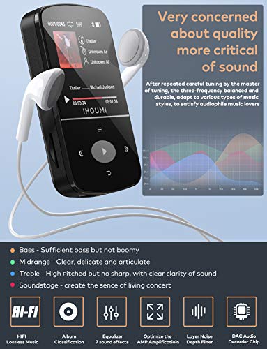 32GB Reproductor MP3 Bluetooth 4.2 Súper Ligero Gran Memoria Deportes IHOUMI Mp3 Player con Radio FM, Grabación de Voz, Podómetro,E-Book, Soporte SD USB TF hasta 128 GB Tarjeta 32GB Reproductor MP3 Bluetooth 4.2 Súper Ligero Gran Memoria Deportes IHOUMI Mp3 Player con Radio FM, Grabación de Voz, Podómetro,E-Book, Soporte SD USB TF hasta 128 GB Tarjeta