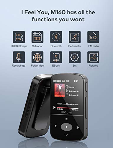 32GB Reproductor MP3 Bluetooth 4.2 Súper Ligero Gran Memoria Deportes IHOUMI Mp3 Player con Radio FM, Grabación de Voz, Podómetro,E-Book, Soporte SD USB TF hasta 128 GB Tarjeta