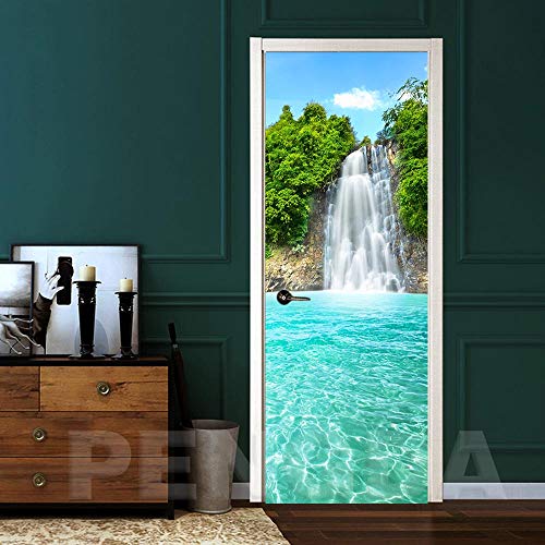 3D Etiqueta De Puerta Paisaje De Árboles En Cascada Pvc Adhesivo Fotográfico Vinilos Puerta Pegatina Pared Murales Para Cocina Sala De Baño Decorativos De Hogar Arte Moderno 95X215Cm