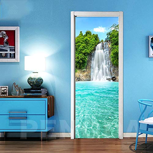 3D Etiqueta De Puerta Paisaje De Árboles En Cascada Pvc Adhesivo Fotográfico Vinilos Puerta Pegatina Pared Murales Para Cocina Sala De Baño Decorativos De Hogar Arte Moderno 95X215Cm