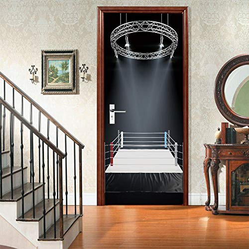 3D Puerta Póster Ring de boxeo 3D Puerta Pegatina PVC Adhesivo Vinilos Desmontable Puerta Pegatina Pared Murales para Cocina Sala de Baño Decorativos 77x200cm