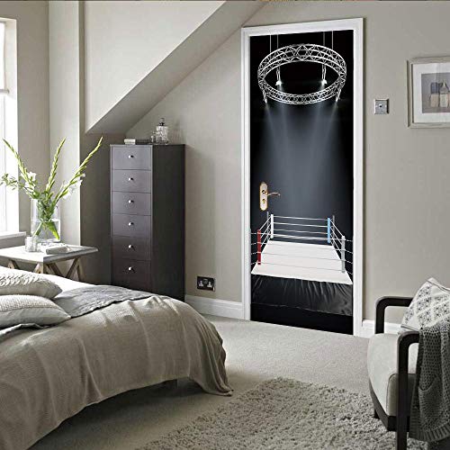 3D Puerta Póster Ring de boxeo 3D Puerta Pegatina PVC Adhesivo Vinilos Desmontable Puerta Pegatina Pared Murales para Cocina Sala de Baño Decorativos 77x200cm