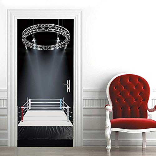 3D Puerta Póster Ring de boxeo 3D Puerta Pegatina PVC Adhesivo Vinilos Desmontable Puerta Pegatina Pared Murales para Cocina Sala de Baño Decorativos 77x200cm