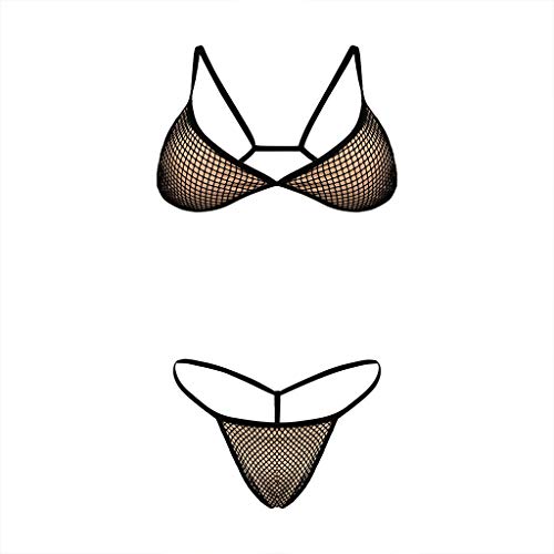 3PC Bañadores Mujer Sexy Bikini Tanga y Camiseta Manga Larga Top Corto Mallas Transparente Bañador Playa Verano Bra Swimwear Beachwear See Through Ajustado Yvelands(Negro,L)