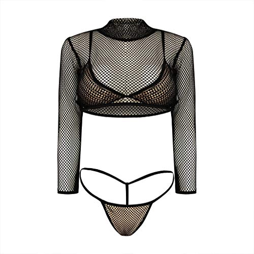 3PC Bañadores Mujer Sexy Bikini Tanga y Camiseta Manga Larga Top Corto Mallas Transparente Bañador Playa Verano Bra Swimwear Beachwear See Through Ajustado Yvelands(Negro,L)