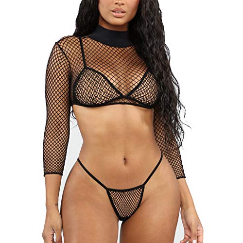 3PC Bañadores Mujer Sexy Bikini Tanga y Camiseta Manga Larga Top Corto Mallas Transparente Bañador Playa Verano Bra Swimwear Beachwear See Through Ajustado Yvelands(Negro,L)