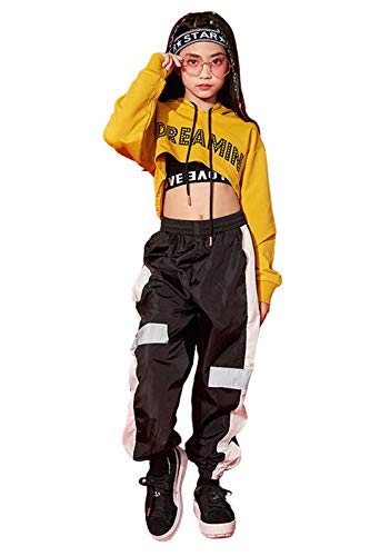 3Pcs Girls Hip Hop Dance Costume Niños Street Dance Clothes Set Sudadera Corta con Capucha, Camiseta sin Mangas, Pantalones Reflectantes