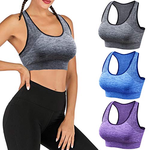 3Pcs Sujetadores Deportivo Mujer Almohadilla Desmontable Sin Costuras Bra Deporte Bralette con Almohadillas Extraíbles Cómodo Tank Top Camisole Mujer para Gimnasio Yoga Bailar, Violeta/Gris/Azul (S)