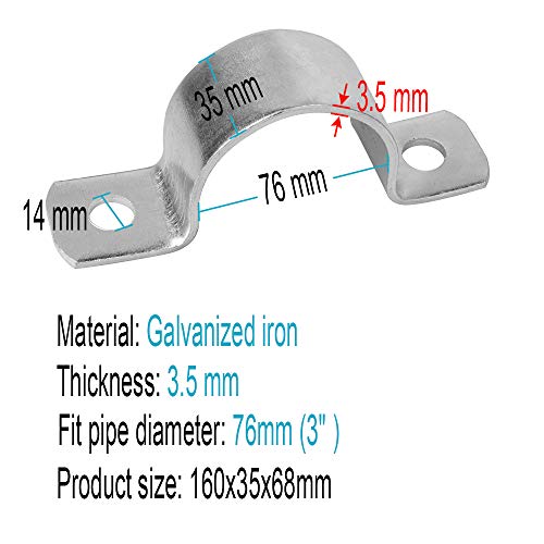 4 abrazaderas de fijación M762 con orificios en forma de U, grosor de 3,5 mm, hierro galvanizado, diámetro de tubo: 76 mm, tornillos no incluidos en el envío.