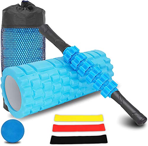 4-en-1 Foam Roller Kit , Rodillo Espuma, Rodillo Masaje, Bola de Masaje, Bandas Elasticas Fitness(3set), Rulo Masaje Muscular Fitness para Dar Masajes Profundos Relajan Músculos Rígidos y Adoloridos.