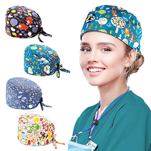4 Paquetes Gorro Matorrales Gorros Quirúrgicos Gorro Turbante Estampado Bouffant de Pelo Ajustable Gorro Médico Unisex con Banda de Sudor con botón de banda para el sudor-DAZIRAN 4 Paquetes Gorro Matorrales Gorros Quirúrgicos Gorro Turbante Estampado Bouffant de Pelo Ajustable Gorro Médico Unisex con Banda de Sudor con botón de banda para el sudor-DAZIRAN