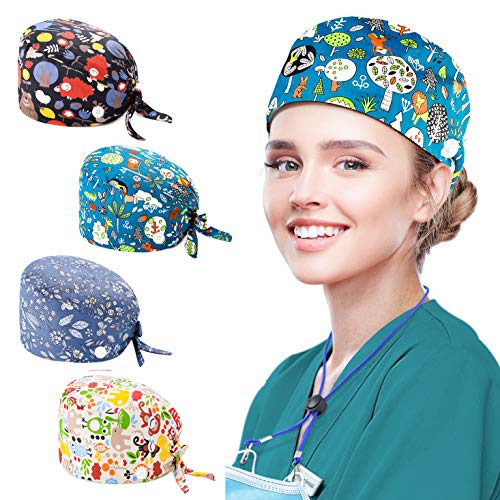 4 Paquetes Gorro Matorrales Gorros Quirúrgicos Gorro Turbante Estampado Bouffant de Pelo Ajustable Gorro Médico Unisex con Banda de Sudor con botón de banda para el sudor-DAZIRAN