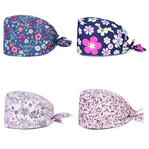 4 Piezas Gorro Quirofano Mujer/hombr Algodón Lindo Impresión Doctor Enfermera Sombrero Gorro Quirúrgico con Botones-A