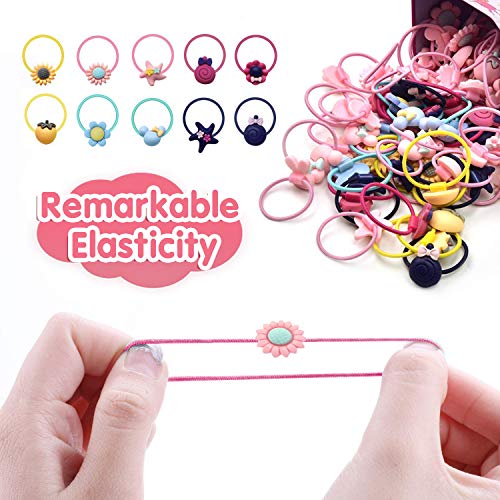 40 Pcs Banda para el Cabello de Las Niñas, XCOZU Banda de pelo Multicolor de Dibujos Animados, Hairband Elástico Del Titular de Cola de Caballo Viene con Caja de Lata Rosa