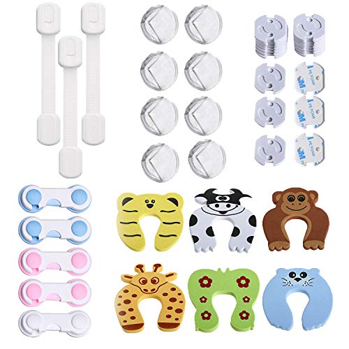 42 Pcs Kit de Seguridad para Bebés, (20 Protector Enchufes, 8 Bebé de Seguridad Bloqueo, 8 Protector de Seguridad para Niños, 6 Protectores Puertas Bebe), Pegamento de Acrílico Más Fuerte