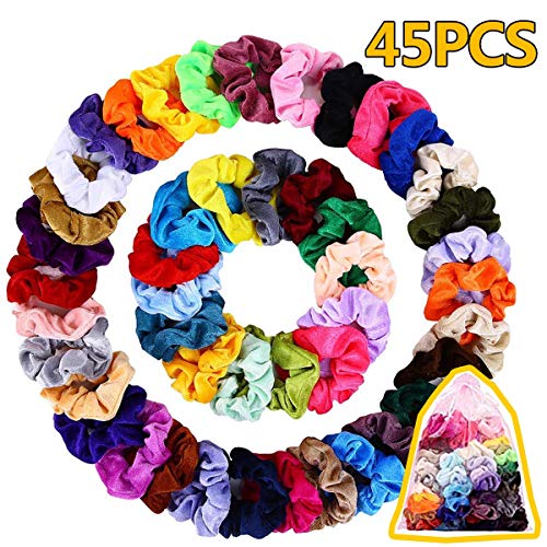 45 Piezas Velvet Elástico Hair Banda, Multicolor Scrunchies Terciopelo, Bandas de Pelo Bobble Elásticas Fuertes Accesorios Para el Cabello Ponytail Titular Para las Mujeres Niñas, 45 Colors